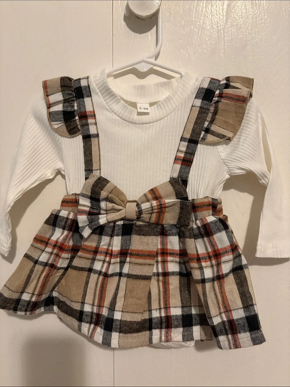 Toddler Plaid Suspender Skirt with White Long-Sleeve Top